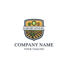 Agribusiness Company Logo with Farm Fields, Currency Symbols, and Modern Shield Design on White Background, Flat Vector Elements, Vector Illustration, Simple Vector, Stylized Vector Drawing, Vector
