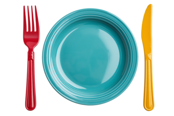 Red Fork Cyan Plate Yellow Knife isolated on a transparent background