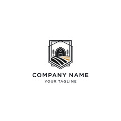 Modern Farm and Agriculture Logo Design with Barn, Wheat Fields, and Geometric Frame on White Background, Flat Vector Elements, Vector Illustration, Simple Vector, Stylized Vector Drawing, Vector