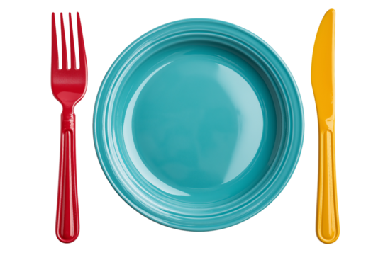 Red Fork Cyan Plate Yellow Knife isolated on a transparent background