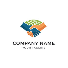Global Handshake Logo Design Symbolizing International Partnership and Cooperation, Featuring a Stylized Globe and Placeholder Text for Company Branding on a Clean White Background, Flat Vector