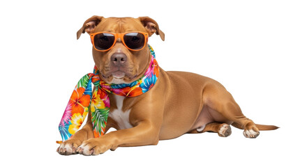 Isolated pitbull dog lying down wearing a scarf and sunglasses on a solid surface, no people © Anna