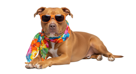Isolated pitbull dog lying down wearing a scarf and sunglasses on a solid surface, no people