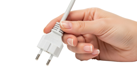 Isolated hand holding a European plug, electrical component for connection in the home