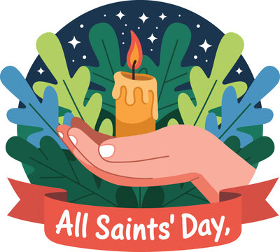 Gentle hand cradles a lit candle amidst lush foliage, symbolizing remembrance and hope on All Saints' Day. - Powered by Adobe