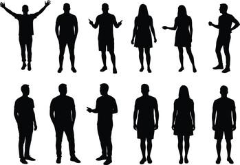 Black Silhouette Vector of Standing Human Figures in Varied Poses for Gesture Recognition, Fashion Design, and Creative Illustration Projects
