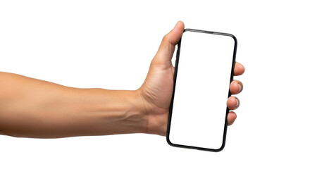 Isolated hand holding mobile phone with blank screen for mockup advertisement