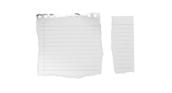 Two torn pieces of lined notebook paper isolated on isolated on transparent background