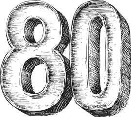 Number 80 sketch hand drawn bold numerals vintage engraving style — stock vector