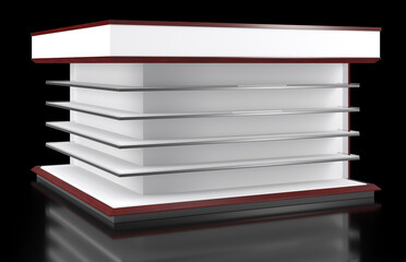 Freestanding retail display unit on black background. White gondola shelving with mahogany-grain edges and topper. 3d illustration