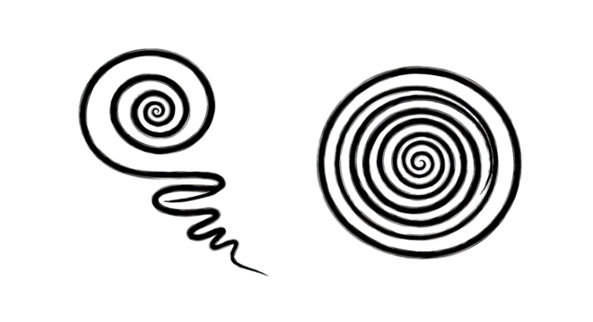 Two white hand drawn spirals on background isolated on transparent background