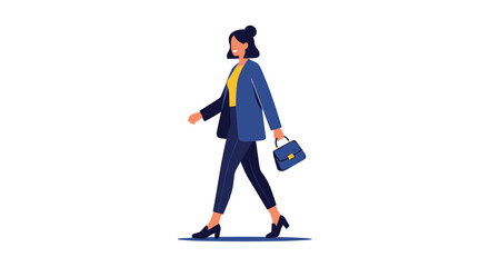Fototapeta premium A stylish woman in a blue suit walks confidently holding a handbag.