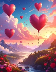 Heart balloons over valley