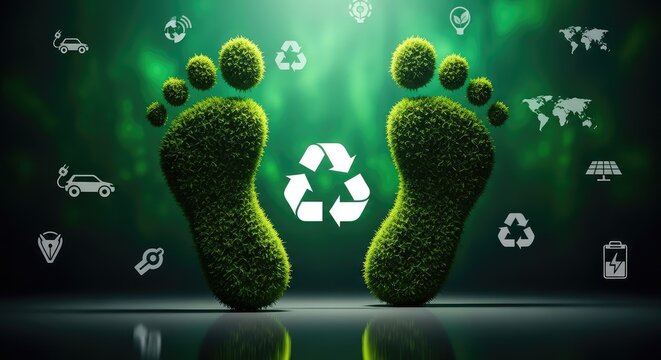 Green eco footprints composed of lush textured grass symbolizing environmental sustainability with recycling symbols and icons on a dark background
