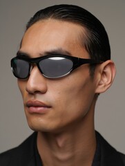 Man wearing futuristic sunglasses against neutral studio backdrop