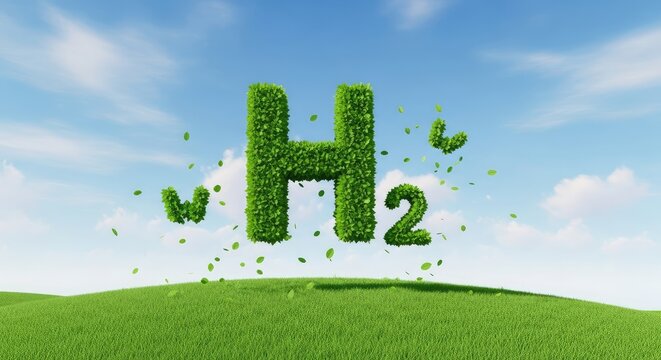 Green hydrogen energy concept rendered with lush leafy letters and numbers floating above a grassy hill against a bright blue sky