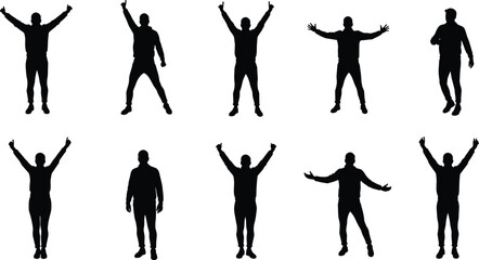 Dynamic male silhouette, black vector art, raised arms, casual clothing, expressive body language, celebration pose, motion study, gesture illustration