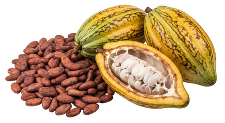 Isolated Fresh Cocoa Pods, Beans, and Sliced Fruit Showing Seeds on No-Color Background