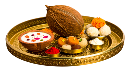 Indian offering tray with coconut and sweets, perfect for religious rituals, Hindu festivals, digital design, branding, wallpapers, posters, and print materials
