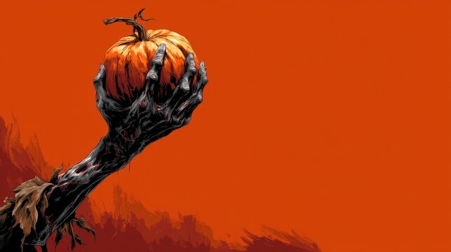 Cartoon-Style Zombie Hand Gripping Pumpkin Against Vivid Orange Background