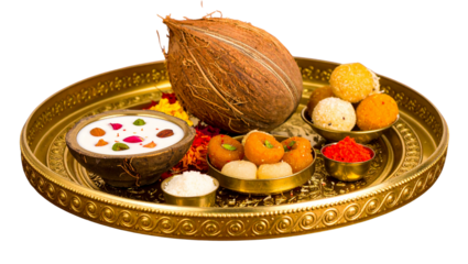 Indian offering tray with coconut and sweets, perfect for religious rituals, Hindu festivals, digital design, branding, wallpapers, posters, and print materials