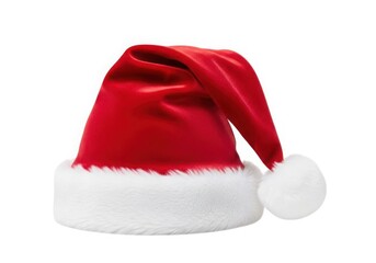 Classic red santa hat with white faux fur trim and pom-pom for festive holidays isolated on white background