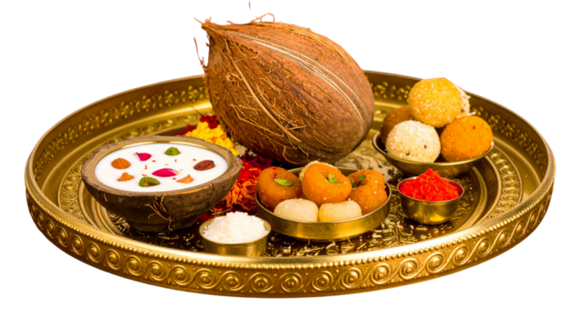 Indian offering tray with coconut and sweets, perfect for religious rituals, Hindu festivals, digital design, branding, wallpapers, posters, and print materials