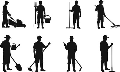 Obraz premium Gardening silhouette sequence, people using tools, outdoor maintenance vector, landscaping activity illustration, home chore graphic, garden work, seasonal task, vector art
