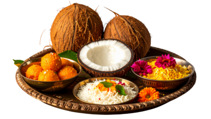 Indian offering tray with coconut and sweets, perfect for religious rituals, Hindu festivals, digital design, branding, wallpapers, posters, and print materials