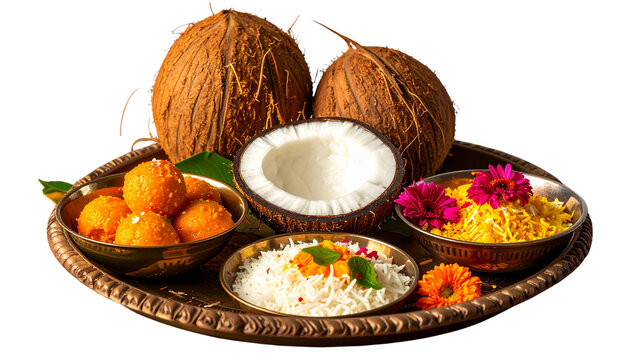 Indian offering tray with coconut and sweets, perfect for religious rituals, Hindu festivals, digital design, branding, wallpapers, posters, and print materials