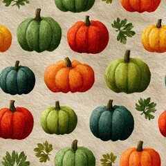 Fall seamless pattern with orange and green pumpkins and leaves. Autumn watercolor gourds background. Botanical print, paper. Theme of Harvest, Halloween