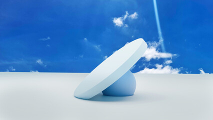 Minimalist 3D render of a tilted white podium under a blue sky with clouds and a spotlight, ideal for product presentation and branding.