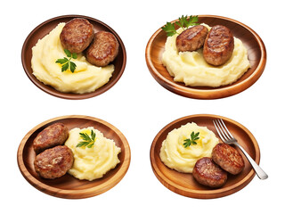 Beef patties with mashed potatoes on a wooden plate, insulated