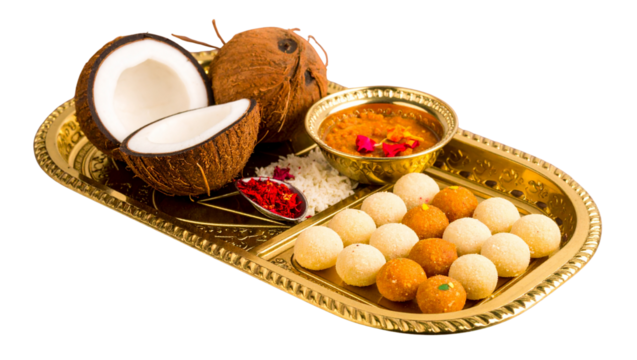 Indian offering tray with coconut and sweets, perfect for religious rituals, Hindu festivals, digital design, branding, wallpapers, posters, and print materials