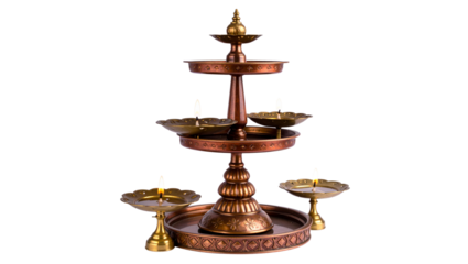 Elegant brass diya stand PNG with multiple tiers of traditional oil lamps on transparent background, perfect for festive designs, décor, and cultural artwork.