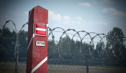 Border post with flag of Latvia - 3D illustration