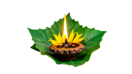 Traditional Indian diya with a glowing flame and a fresh yellow flower, isolated on transparent background. Ideal for Diwali, pooja, and cultural festive designs. 