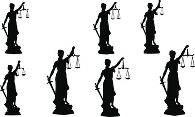 Lady Justice silhouette, legal symbol vector, sword and scales, black illustration, law icon, fairness, justice statue, courtroom art, balance