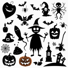 Fototapeta premium Halloween icon set with spooky witch, carved pumpkin, flying bats, haunted house, ghost, and black cat silhouette isolated on white background for autumn holiday party decoration and invitation