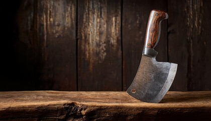 rustic butcher s cleaver resting on weathered wooden block against a distressed textured background