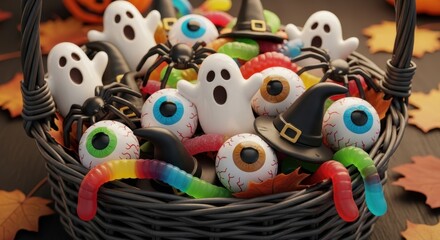 Obraz premium Halloween sweets in wicker basket with ghosts, eyeballs, and colorful gummy worms. Halloween sweets candies and treats are perfect for fun party, with spiders and witch hats included.