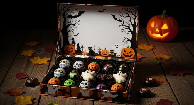 Halloween treats in festive box, illuminated pumpkin on wooden surface. Halloween treats including chocolates shaped as pumpkins, skulls, ghosts, eyeballs, and bats displayed in open container,