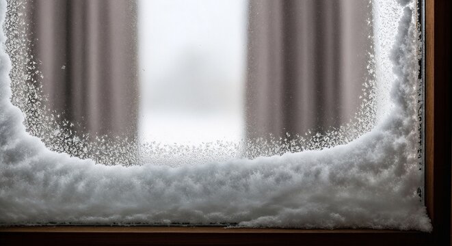 Frosted window with heavy snow buildup on the outside frame