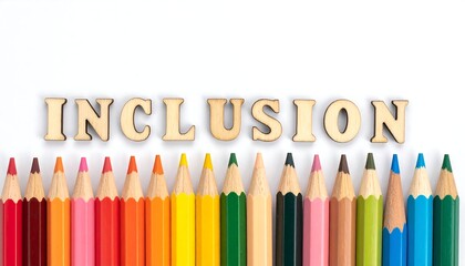 Colorful pencils arranged with the word inclusion on a white background