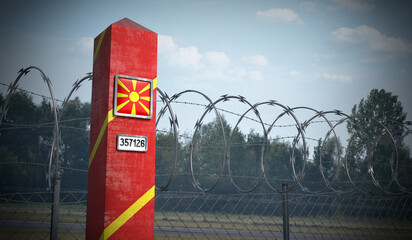 Border post with flag of North Macedonia - 3D illustration