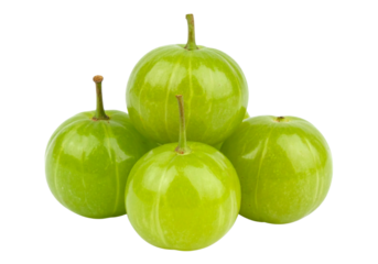 Amla fruits are arranged with leaves on a white background in a still life composition