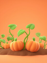 Vibrant orange pumpkins growing in a garden. Lush green leaves and vines emerge from the soil