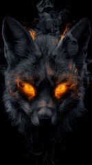 A striking depiction of a fox with glowing eyes against a dark background. The artwork captures a sense of mystery and intensity.