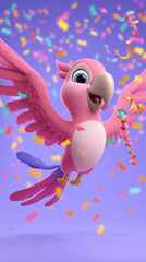 A charming cartoon parrot soaring with joy amidst confetti