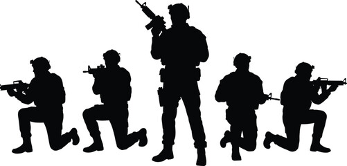 Soldier silhouette, tactical gear vector, black combat pose, rifle stance, kneeling and standing, military readiness, coordination, defense illustration